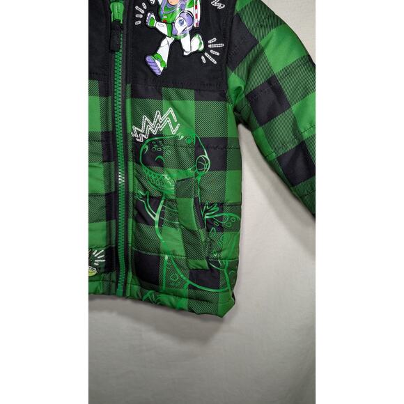Disney Store Toy Story Hooded Puffer Jacket Boys 3T Green Black Plaid Buzz Woody - Picture 2 of 7